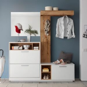 Cuier hol Milano, 177x38x195 cm, ansamblu 4 elemente, culoare Stejar Salbatic, Alb