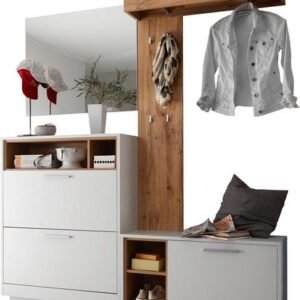 Cuier hol Milano, 177x38x195 cm, ansamblu 4 elemente, culoare Stejar Salbatic, Alb