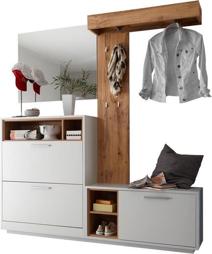 Cuier hol Milano, 177x38x195 cm, ansamblu 4 elemente, culoare Stejar Salbatic, Alb