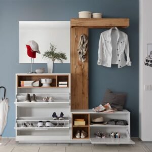 Cuier hol Milano, 177x38x195 cm, ansamblu 4 elemente, culoare Stejar Salbatic, Alb