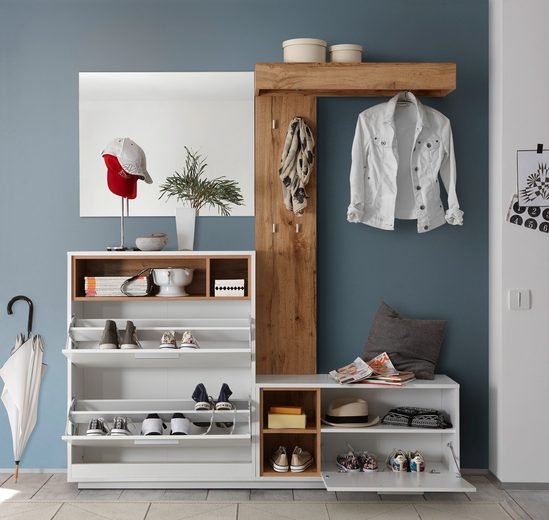 Cuier hol Milano, 177x38x195 cm, ansamblu 4 elemente, culoare Stejar Salbatic, Alb