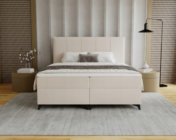 Lozko-sypialniane-SOFIA-160x200-z-wezglowiem-pojemnikami-na-posciel-BONELL-Marka-IWMAR Pat tapițat continental SOFIA cu ladă de depozitare