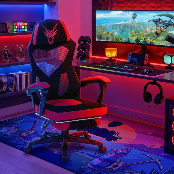 product-2411-0-1 Scaun pivotant pentru jocuri BING cu suport pentru picioare, negru/roșu