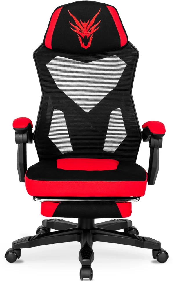 product-2411-1 Scaun pivotant pentru jocuri BING cu suport pentru picioare, negru/roșu