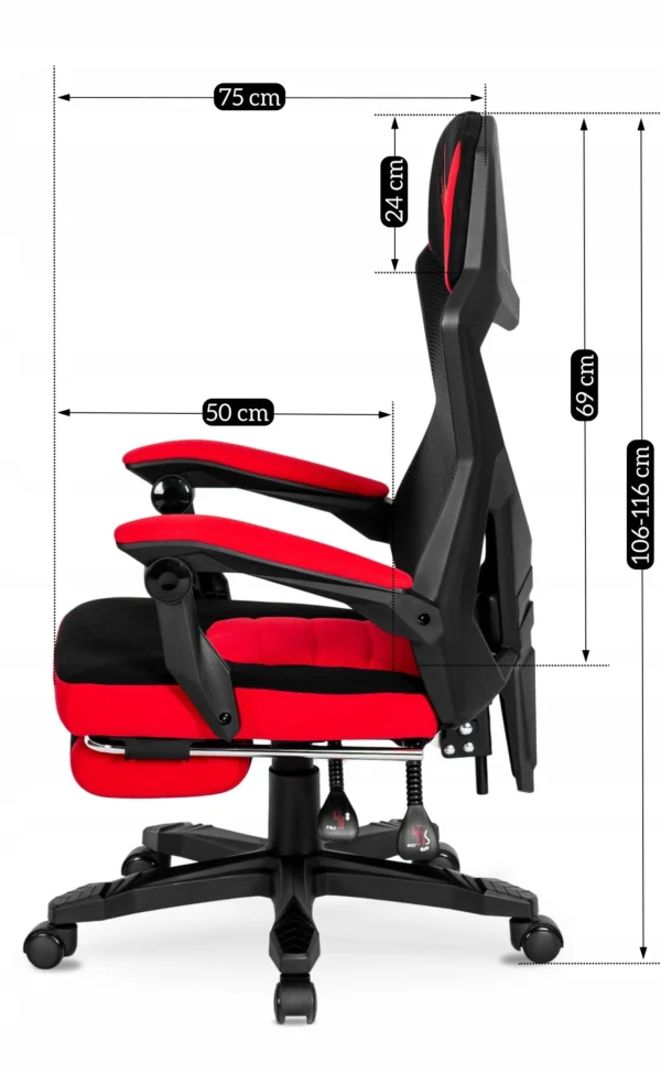 product-2411-5 Scaun pivotant pentru jocuri BING cu suport pentru picioare, negru/roșu