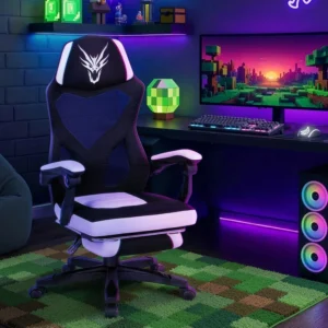 Scaun pivotant BING Gaming cu suport pentru picioare, negru/alb