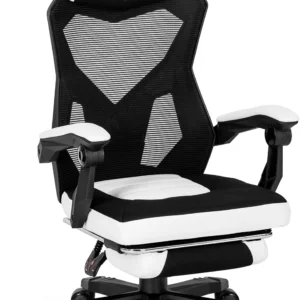 Scaun pivotant BING Gaming cu suport pentru picioare, negru/alb