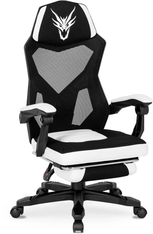 Scaun pivotant BING Gaming cu suport pentru picioare, negru/alb