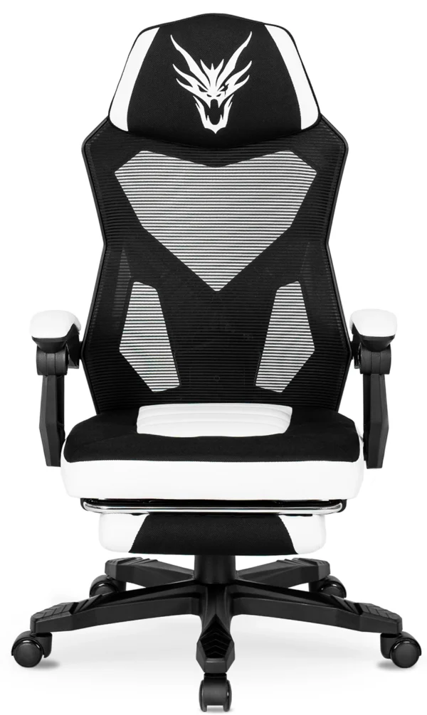 Scaun pivotant BING Gaming cu suport pentru picioare, negru/alb