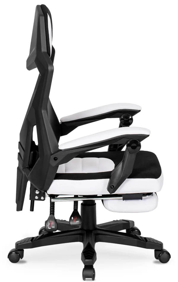 Scaun pivotant BING Gaming cu suport pentru picioare, negru/alb