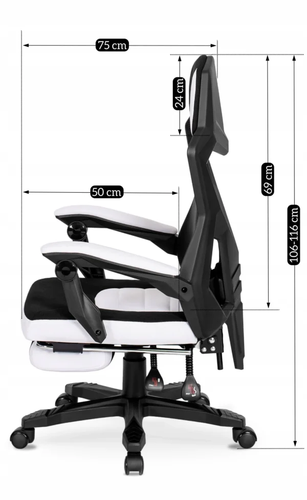 Scaun pivotant BING Gaming cu suport pentru picioare, negru/alb