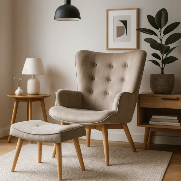 product-2821-0-1 Fotoliu de relaxare LOZANO cu suport pentru picioare, bej, din catifea — Fotolii cu taburet