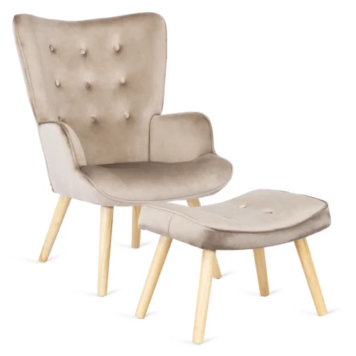 product-2821-0 Fotoliu de relaxare LOZANO cu suport pentru picioare, bej, din catifea — Fotolii cu taburet