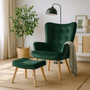 Fotoliu de relaxare LOZANO cu suport pentru picioare, din catifea verde — Fotolii cu taburet