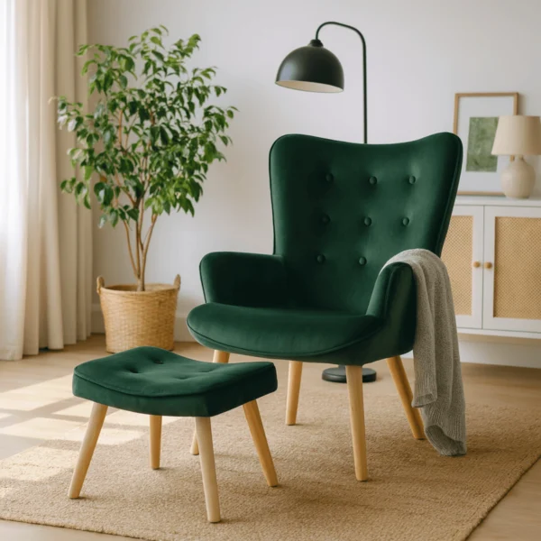 Fotoliu de relaxare LOZANO cu suport pentru picioare, din catifea verde — Fotolii cu taburet