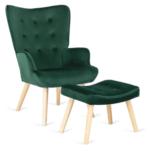 product-2823-0 Fotoliu de relaxare LOZANO cu suport pentru picioare, din catifea verde — Fotolii cu taburet