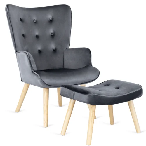product-2871-0 Fotoliu de relaxare LOZANO cu suport pentru picioare, din catifea gri — Fotolii cu taburet