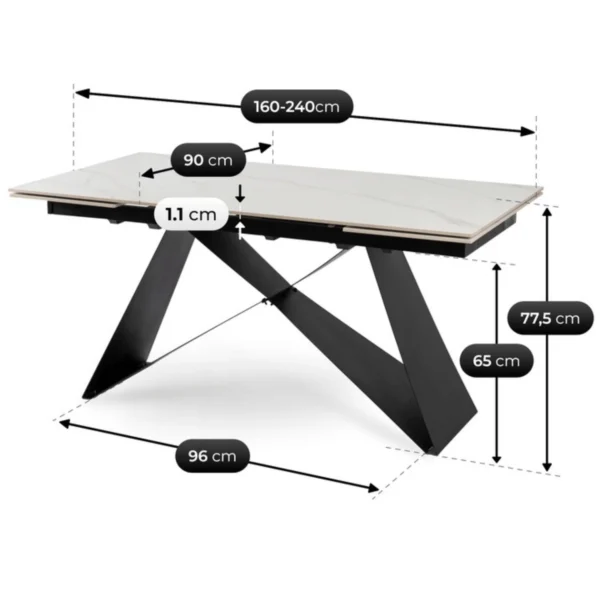 Masă extensibilă din ceramică VICTOR 160-240 cm Marmură albă/Negru