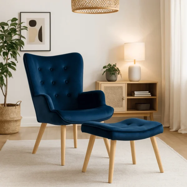 product-3067-0-1 Fotoliu de relaxare LOZANO cu suport pentru picioare, albastru închis, din catifea — Fotolii cu taburet