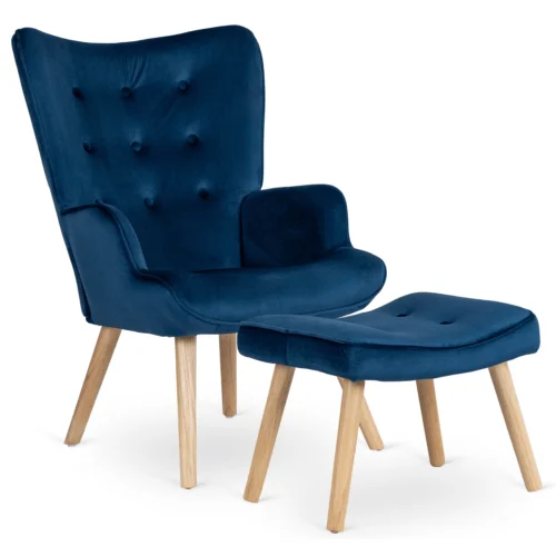 product-3067-0 Fotoliu de relaxare LOZANO cu suport pentru picioare, albastru închis, din catifea — Fotolii cu taburet