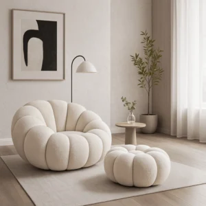 product-3180-0-1 Scaun pivotant PETTIT cu taburet, crem bouclé