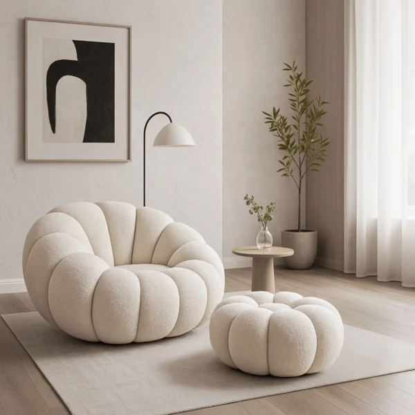 product-3180-0-1 Scaun pivotant PETTIT cu taburet, crem bouclé