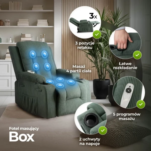 Scaun de masaj reclinabil din catifea verde BOX