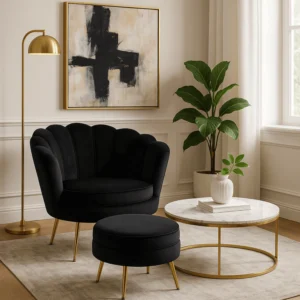 Fotoliu GRAND cu suport pentru picioare, velur negru