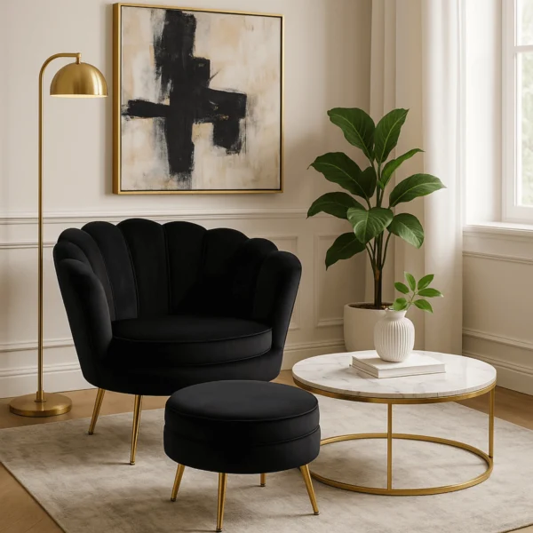 Fotoliu GRAND cu suport pentru picioare, velur negru