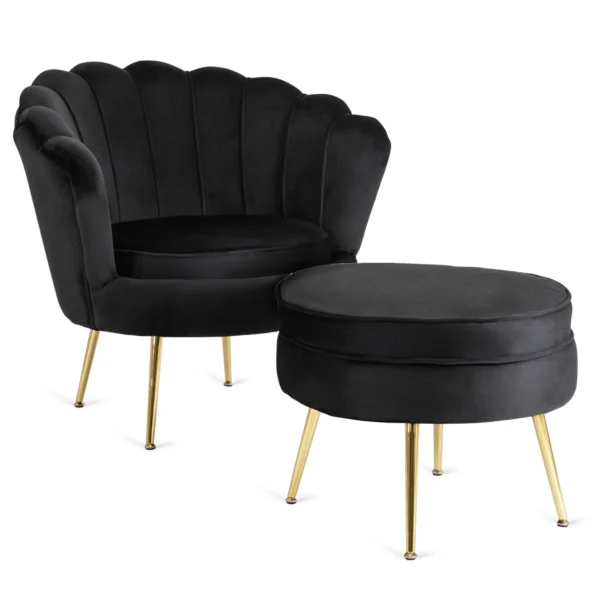 Fotoliu GRAND cu suport pentru picioare, velur negru