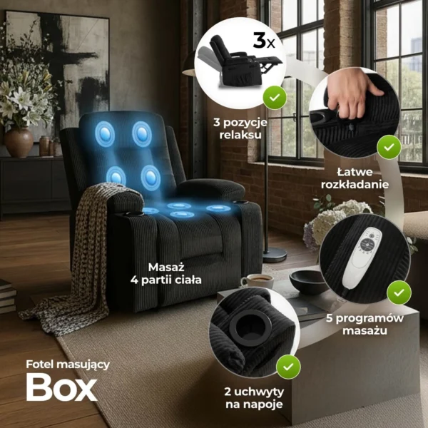 Scaun de masaj reclinabil din catifea neagră BOX