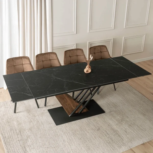 Masă extensibilă din ceramică REX 2 180-240 cm Marmură neagră/Nuc