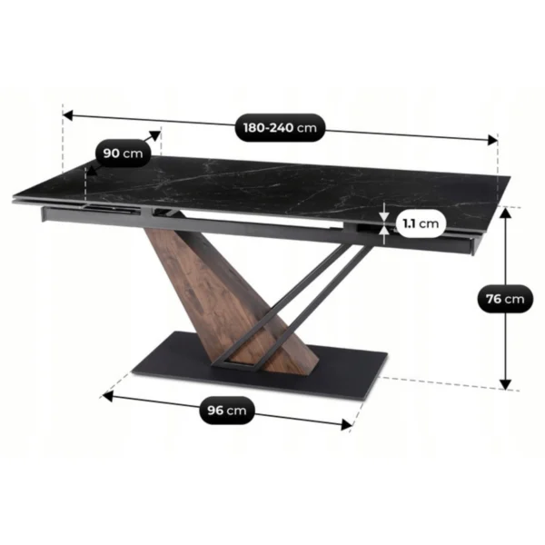Masă extensibilă din ceramică REX 2 180-240 cm Marmură neagră/Nuc