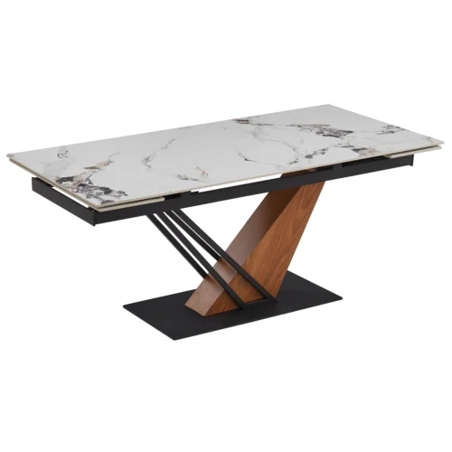 Masă extensibilă din ceramică REX 2 180–240 cm Marmură albă/Stejar
