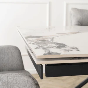 Masă extensibilă din ceramică REX 2 180–240 cm Marmură albă/Stejar