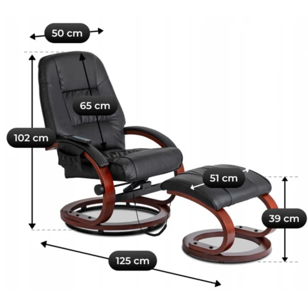 Scaun de masaj încălzit CANO cu suport pentru picioare, piele ecologică neagră