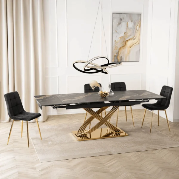 product-3540-1 IBIZA Masă pliantă din ceramică 160-240 cm Marmură neagră / aur — Mese