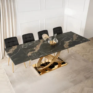 product-3540-2 IBIZA Masă pliantă din ceramică 160-240 cm Marmură neagră / aur — Mese