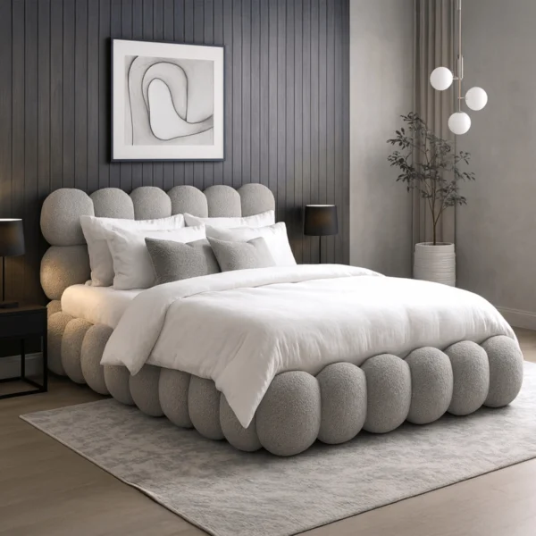 Pat 160x200 ANKARA cu spațiu de depozitare, gri, din țesătură bouclé — MOBILA