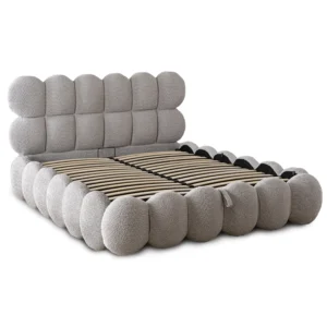Pat 160x200 ANKARA cu spațiu de depozitare, gri, din țesătură bouclé — MOBILA
