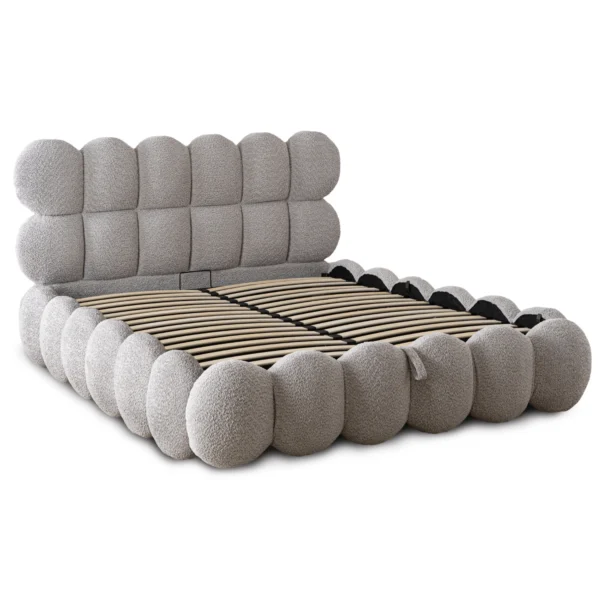 Pat 160x200 ANKARA cu spațiu de depozitare, gri, din țesătură bouclé — MOBILA