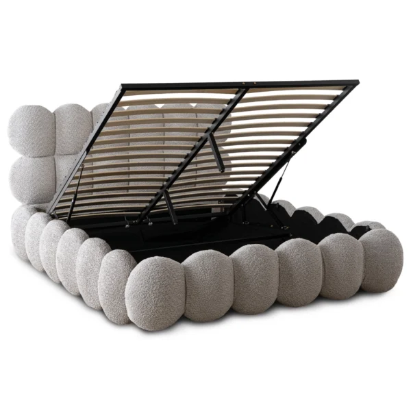 Pat 160x200 ANKARA cu spațiu de depozitare, gri, din țesătură bouclé — MOBILA