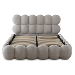 Pat 160x200 ANKARA cu spațiu de depozitare, gri, din țesătură bouclé — MOBILA
