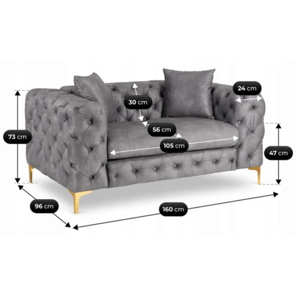 Canapea SORRENTO 2S Canapea dublă Grey velour — Canapele și sofale