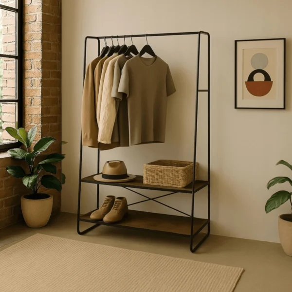 JOEL 100 cm cuier de hol cu rafturi stejar rustic/negru — Cuiere
