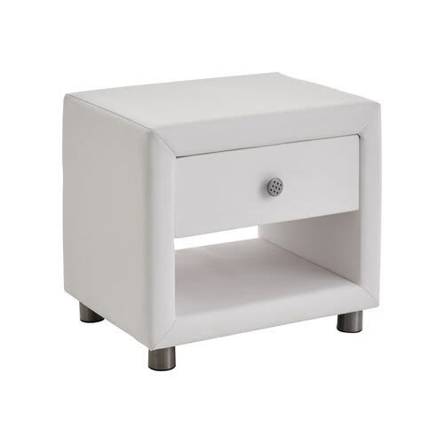 Noptiera Tapițată Alb Vivien – 1 Sertar + Poliță Deschisă, Piele Eco, Picioare Metalice (50×40×45 cm)