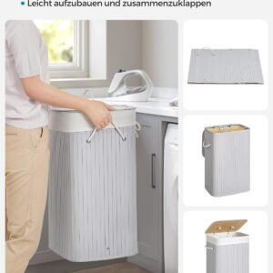 Coș de rufe cu capac, 72L, din bambus, pliabil, cu sac interior detașabil, mânere lavabile, gri (LCB010G01)