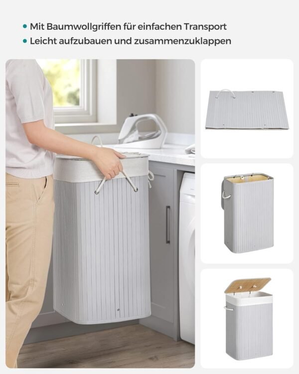 Coș de rufe cu capac, 72L, din bambus, pliabil, cu sac interior detașabil, mânere lavabile, gri (LCB010G01)