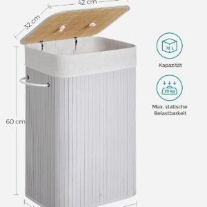 Coș de rufe cu capac, 72L, din bambus, pliabil, cu sac interior detașabil, mânere lavabile, gri (LCB010G01)