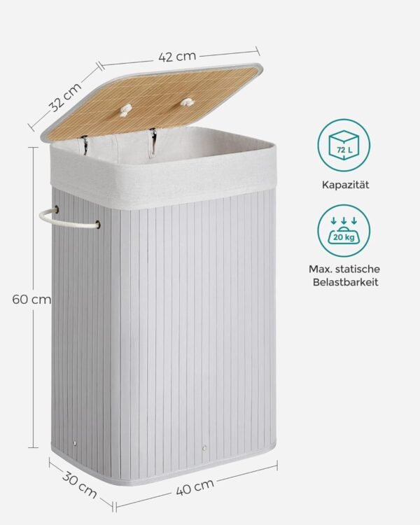 Coș de rufe cu capac, 72L, din bambus, pliabil, cu sac interior detașabil, mânere lavabile, gri (LCB010G01)